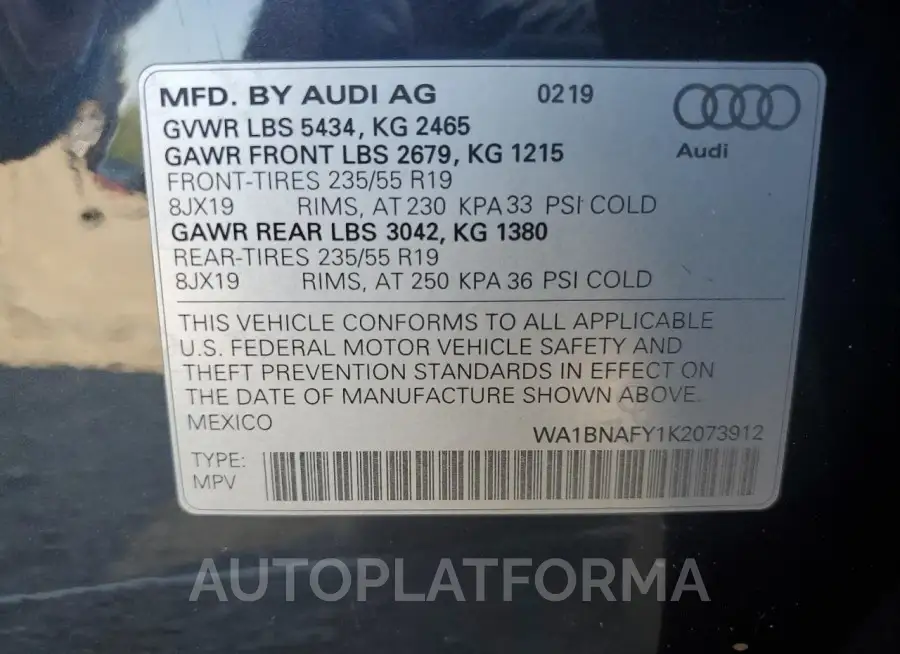 AUDI Q5 PREMIUM 2019 vin WA1BNAFY1K2073912 from auto auction Copart