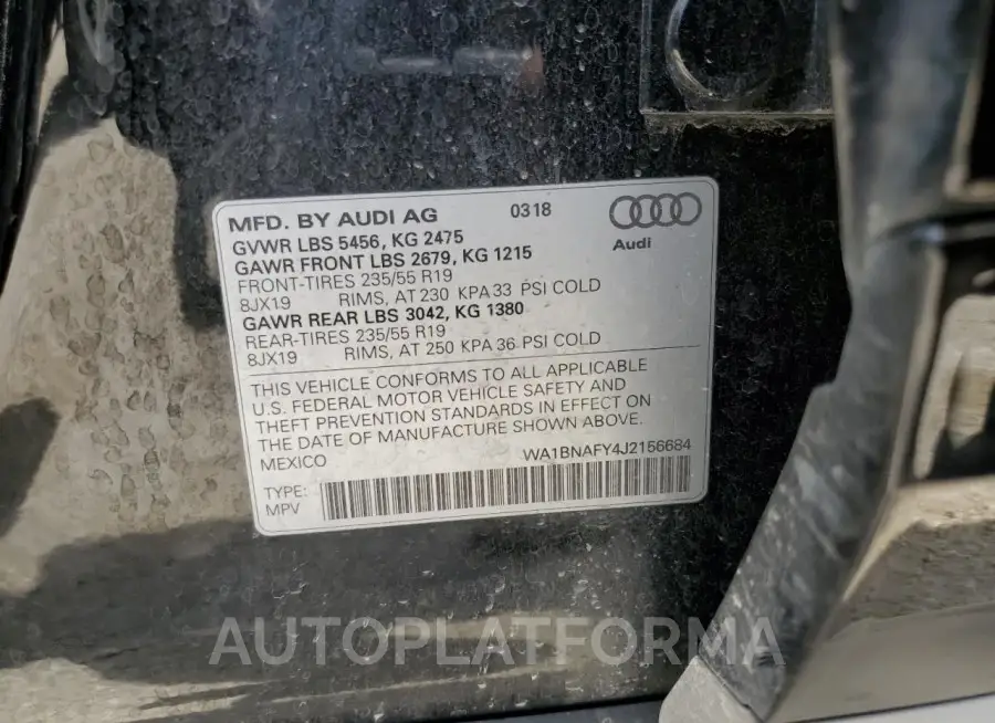 AUDI Q5 PREMIUM 2018 vin WA1BNAFY4J2156684 from auto auction Copart