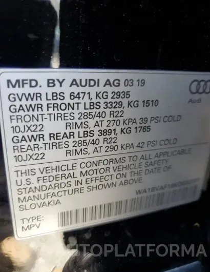 AUDI Q8 PREMIUM 2019 vin WA1BVAF16KD032201 from auto auction Copart