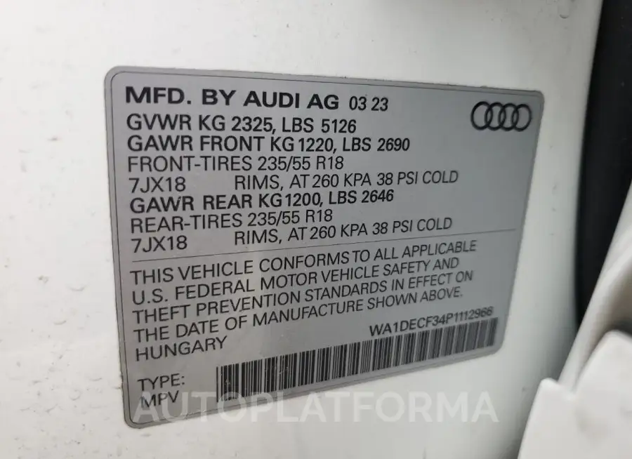 AUDI Q3 PREMIUM 2023 vin WA1DECF34P1112966 from auto auction Copart