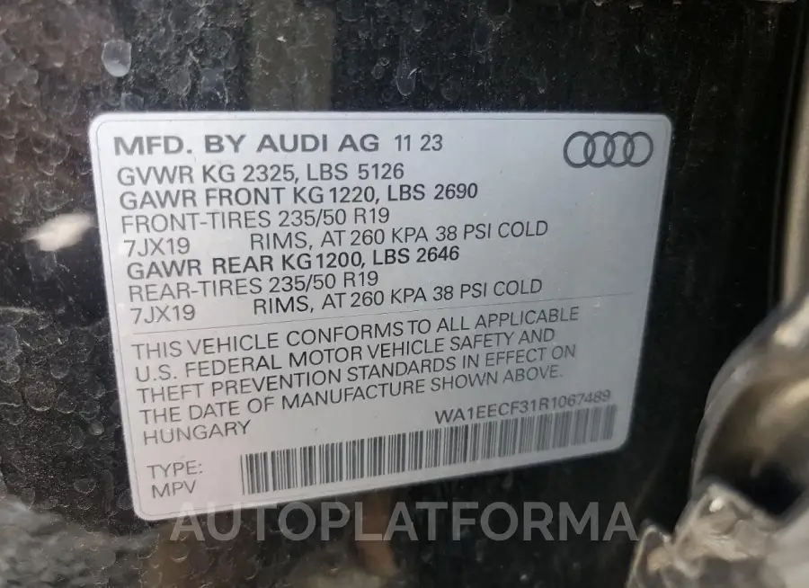 AUDI Q3 PREMIUM 2024 vin WA1EECF31R1067489 from auto auction Copart