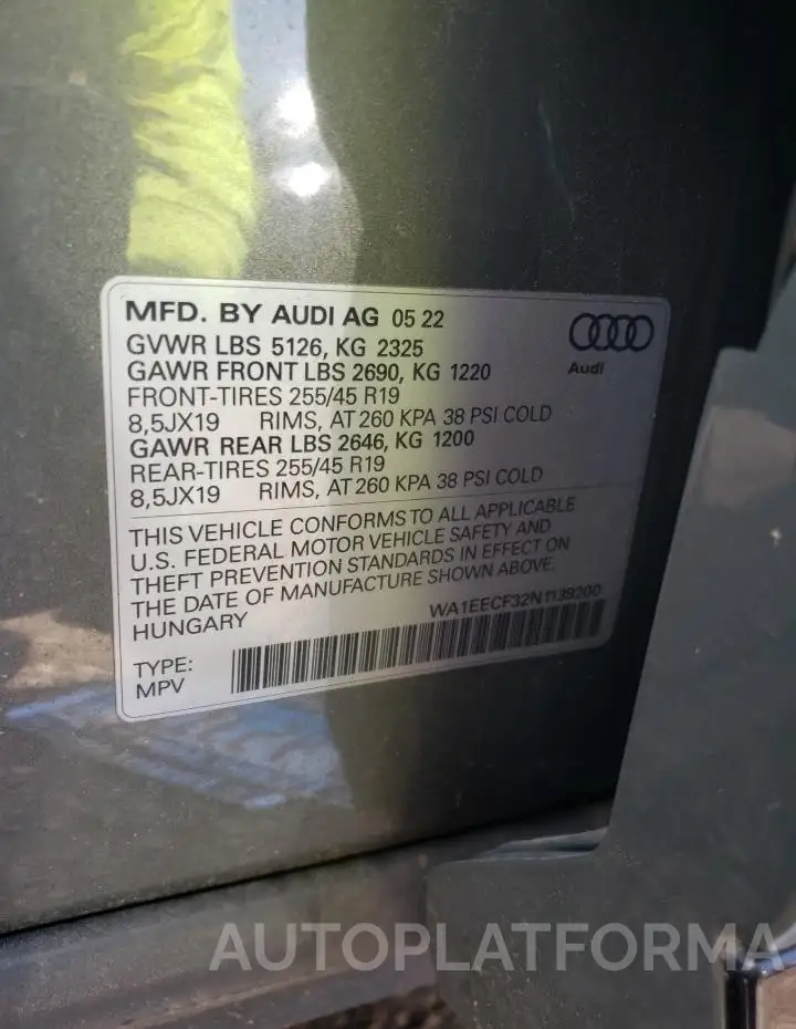 AUDI Q3 PREMIUM 2022 vin WA1EECF32N1139200 from auto auction Copart