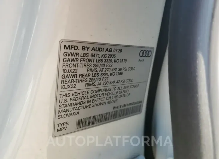 AUDI Q8 PREMIUM 2021 vin WA1EVBF10MD002066 from auto auction Copart