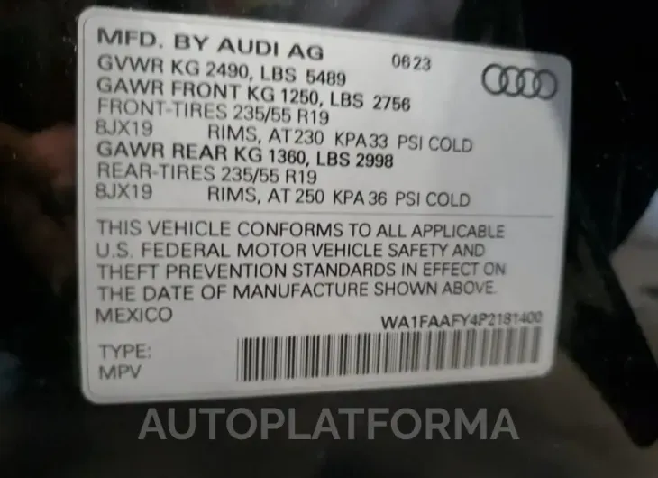 AUDI Q5 PRESTIG 2023 vin WA1FAAFY4P2181400 from auto auction Copart