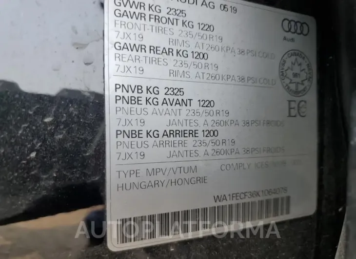 AUDI Q3 PRESTIG 2019 vin WA1FECF36K1064078 from auto auction Copart