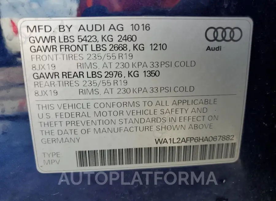 AUDI Q5 PREMIUM 2017 vin WA1L2AFP6HA067882 from auto auction Copart