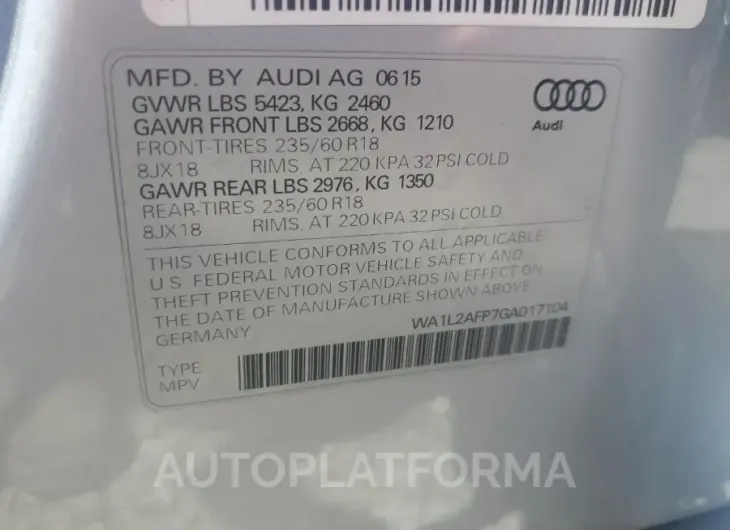 AUDI Q5 PREMIUM 2016 vin WA1L2AFP7GA017104 from auto auction Copart