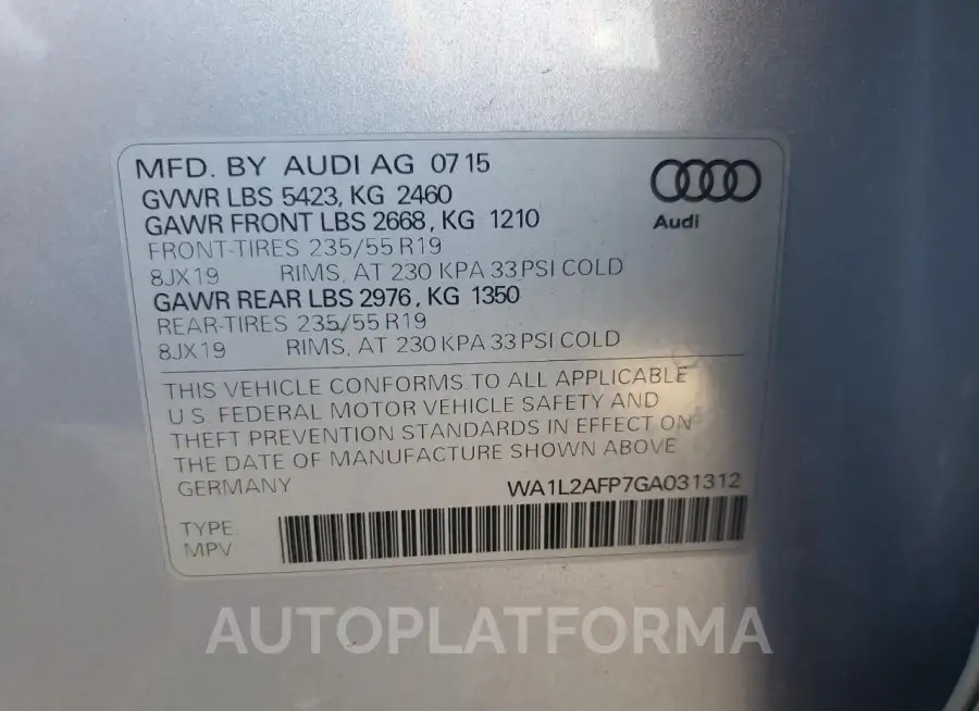 AUDI Q5 PREMIUM 2016 vin WA1L2AFP7GA031312 from auto auction Copart