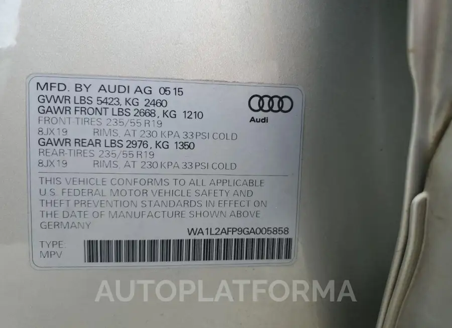 AUDI Q5 PREMIUM 2016 vin WA1L2AFP9GA005858 from auto auction Copart