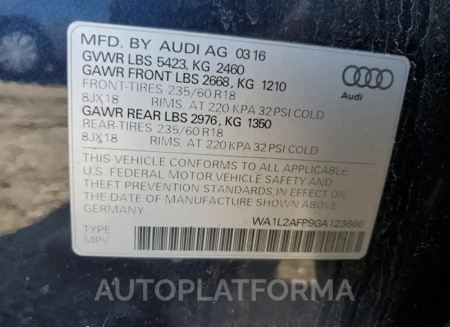 AUDI Q5 PREMIUM 2016 vin WA1L2AFP9GA123666 from auto auction Copart