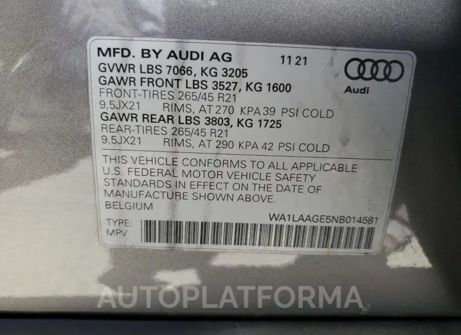 AUDI E-TRON PRE 2022 vin WA1LAAGE5NB014581 from auto auction Copart