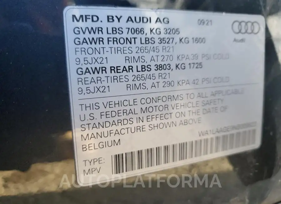 AUDI E-TRON PRE 2022 vin WA1LAAGE9NB009822 from auto auction Copart