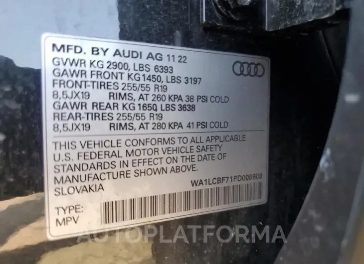 AUDI Q7 PREMIUM 2023 vin WA1LCBF71PD008609 from auto auction Copart