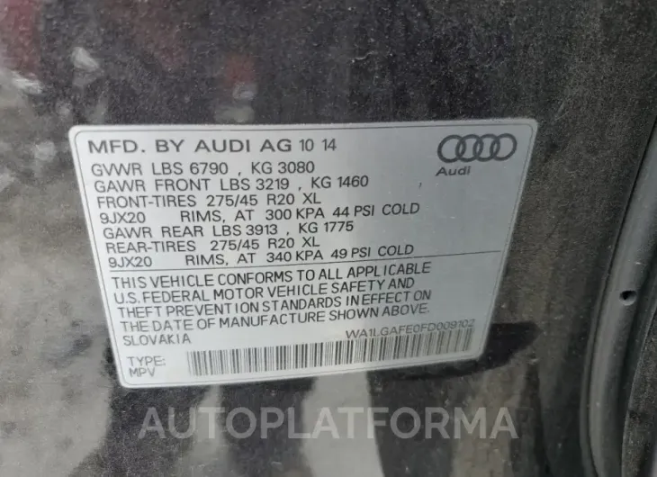 AUDI Q7 PREMIUM 2015 vin WA1LGAFE0FD009102 from auto auction Copart