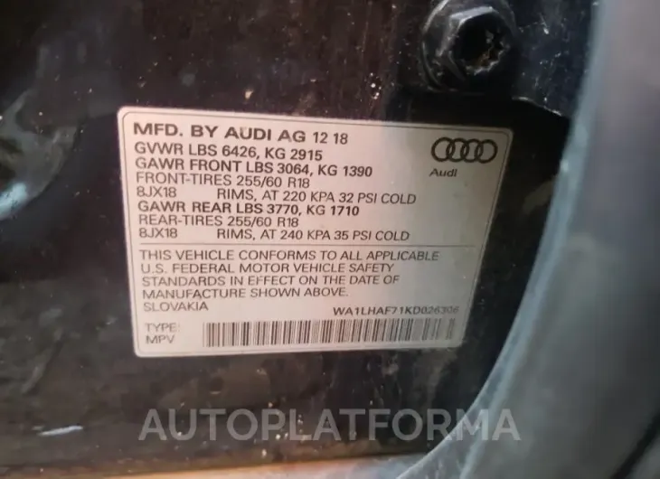 AUDI Q7 2019 vin WA1LHAF71KD026306 from auto auction Copart