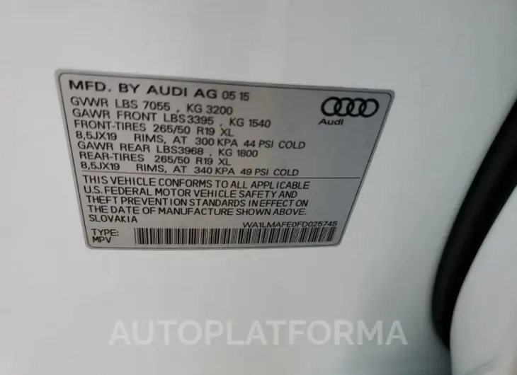 AUDI Q7 TDI PRE 2015 vin WA1LMAFE0FD025745 from auto auction Copart