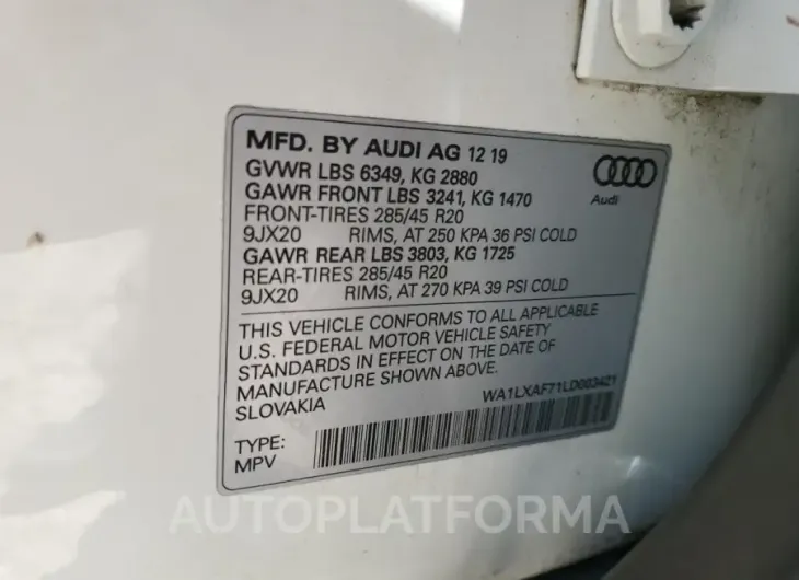 AUDI Q7 PREMIUM 2020 vin WA1LXAF71LD003421 from auto auction Copart