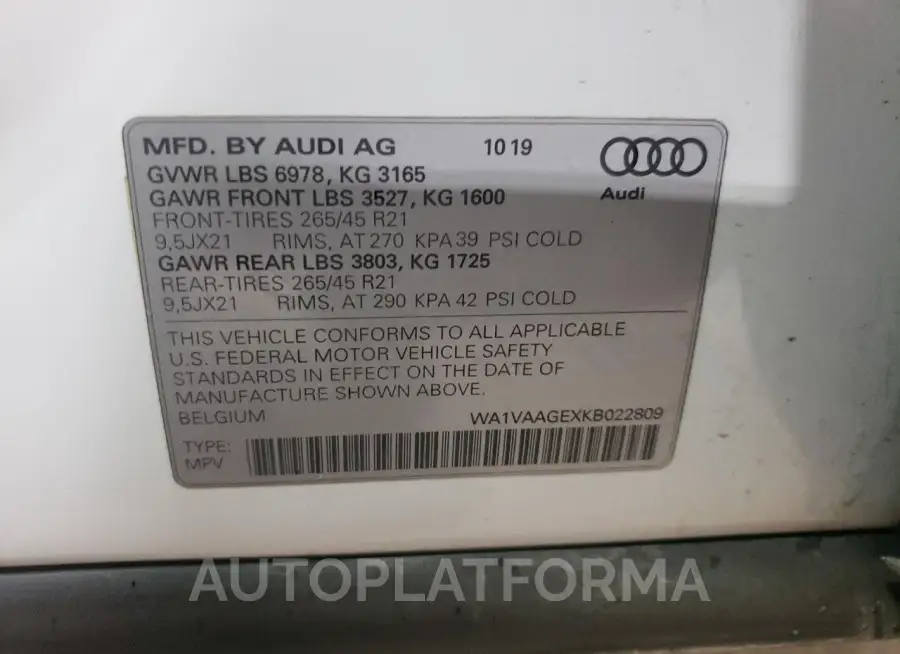 AUDI E-TRON PRE 2019 vin WA1VAAGEXKB022809 from auto auction Copart