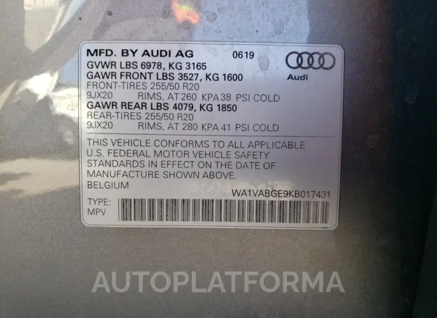 AUDI E-TRON PRE 2019 vin WA1VABGE9KB017431 from auto auction Copart