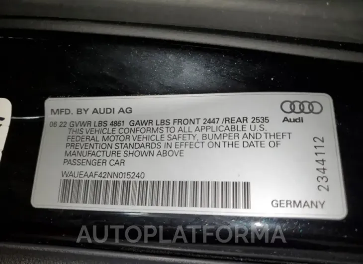 AUDI A4 PREMIUM 2022 vin WAUEAAF42NN015240 from auto auction Copart