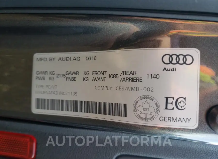 AUDI A4 PRESTIG 2017 vin WAUFNAF43HN021139 from auto auction Copart