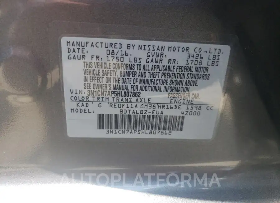 NISSAN VERSA S 2017 vin 3N1CN7AP5HL807862 from auto auction Copart