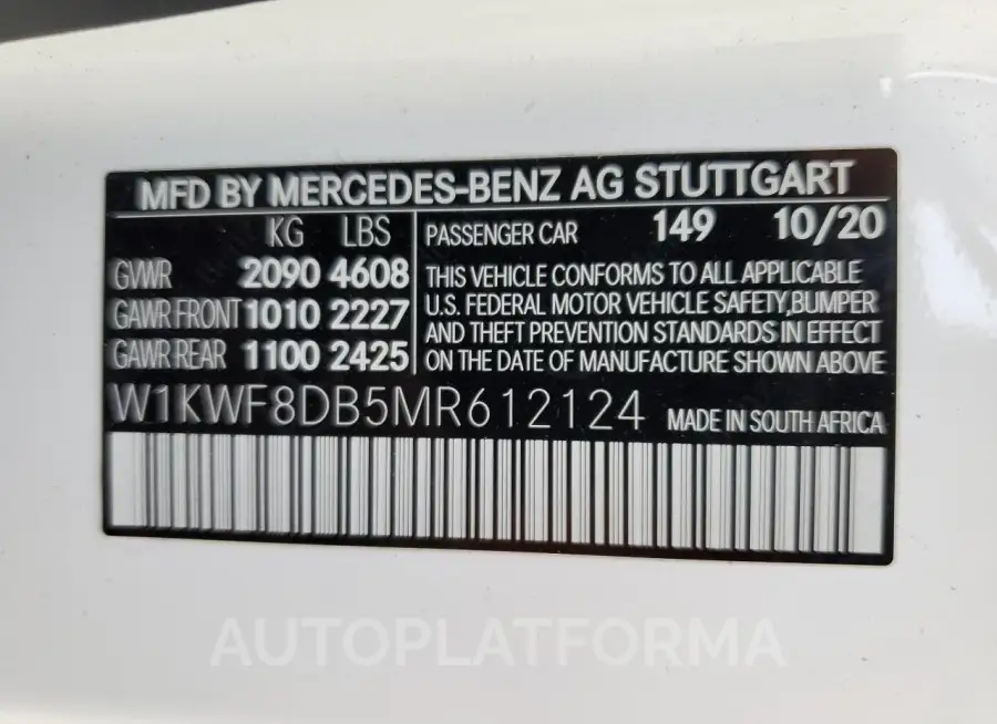 MERCEDES-BENZ C 300 2021 vin W1KWF8DB5MR612124 from auto auction Copart