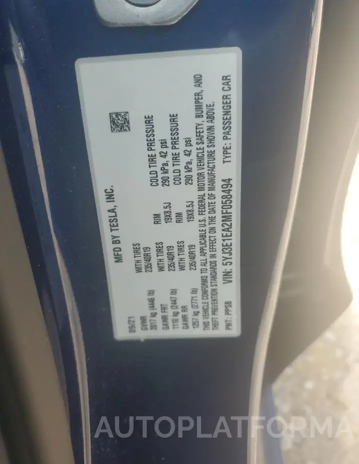 TESLA MODEL 3 2021 vin 5YJ3E1EA2MF058494 from auto auction Copart