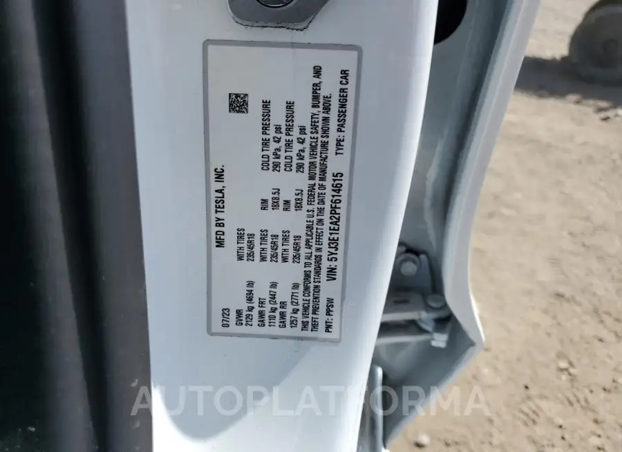 TESLA MODEL 3 2023 vin 5YJ3E1EA2PF614615 from auto auction Copart