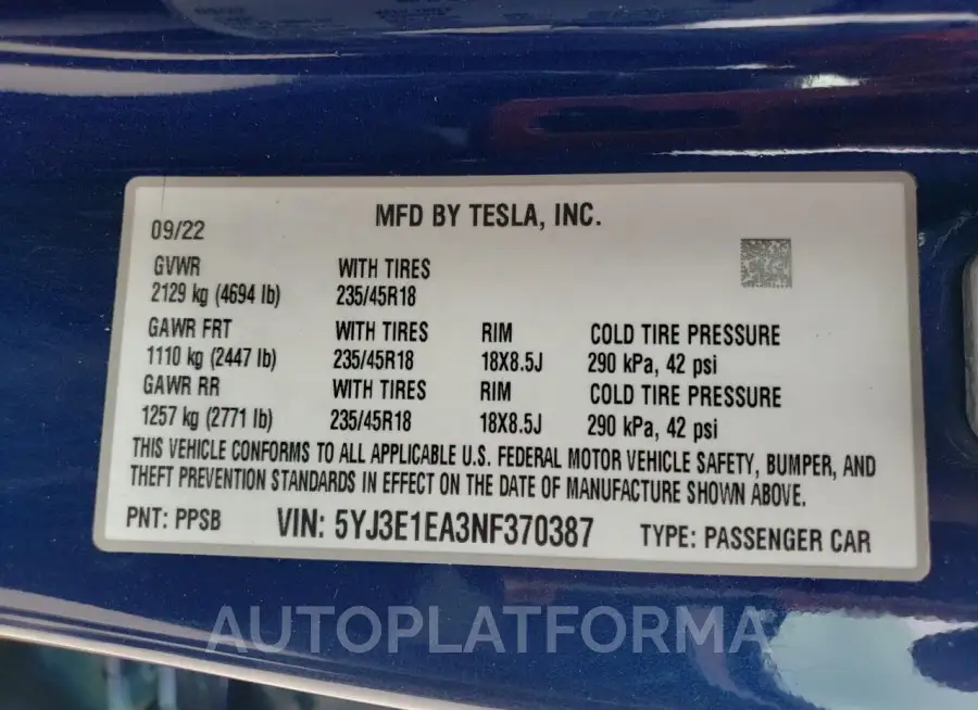 TESLA MODEL 3 2022 vin 5YJ3E1EA3NF370387 from auto auction Copart