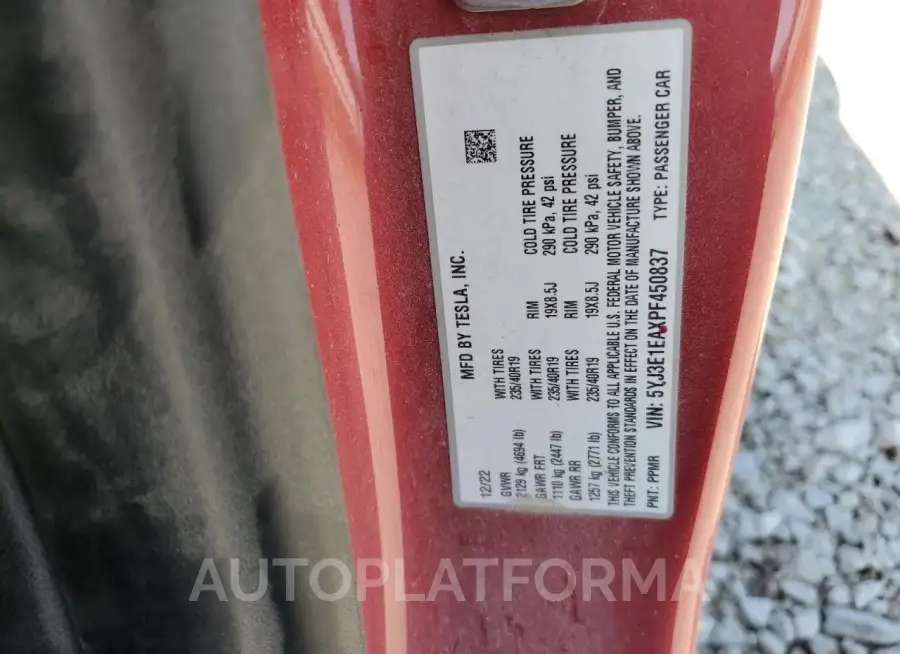 TESLA MODEL 3 2023 vin 5YJ3E1EAXPF450837 from auto auction Copart