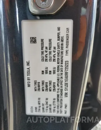 TESLA MODEL 3 2024 vin 5YJ3E1EAXRF725223 from auto auction Copart