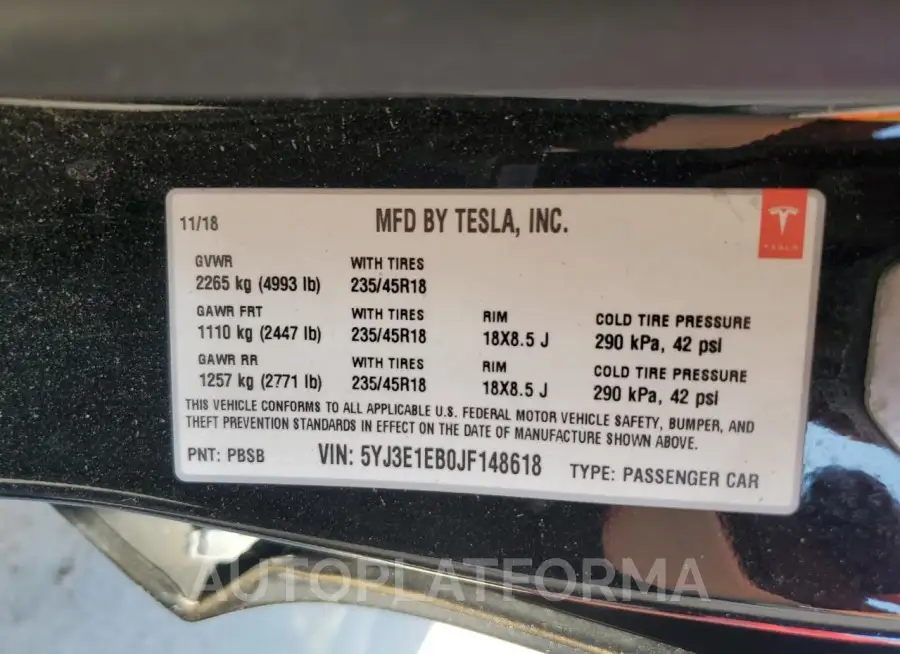 TESLA MODEL 3 2018 vin 5YJ3E1EB0JF148618 from auto auction Copart