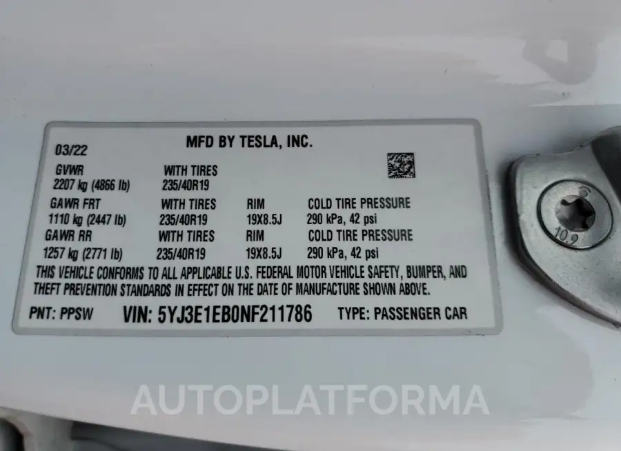 TESLA MODEL 3 2022 vin 5YJ3E1EB0NF211786 from auto auction Copart