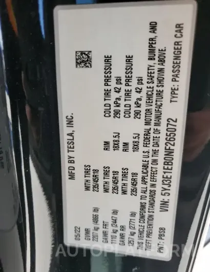 TESLA MODEL 3 2022 vin 5YJ3E1EB0NF265072 from auto auction Copart