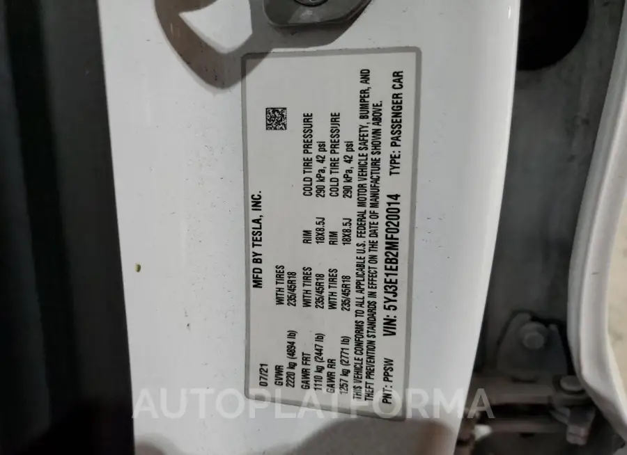 TESLA MODEL 3 2021 vin 5YJ3E1EB2MF020014 from auto auction Copart