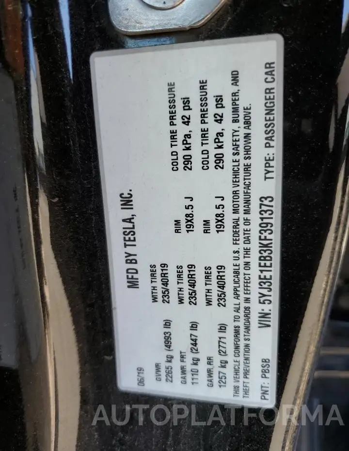 TESLA MODEL 3 2019 vin 5YJ3E1EB3KF391373 from auto auction Copart