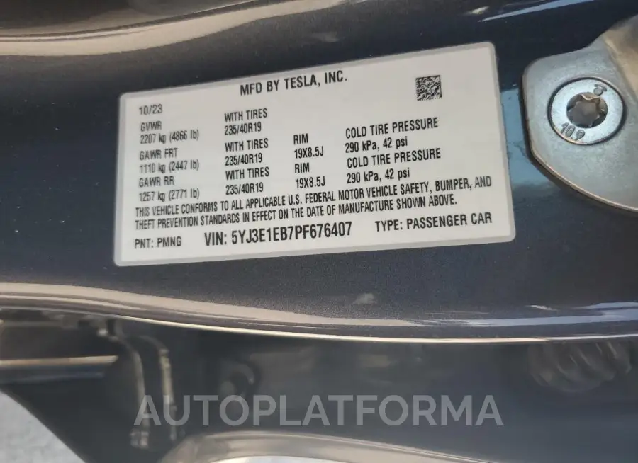 TESLA MODEL 3 2023 vin 5YJ3E1EB7PF676407 from auto auction Copart