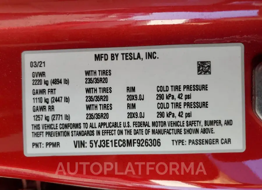 TESLA MODEL 3 2021 vin 5YJ3E1EC8MF926306 from auto auction Copart