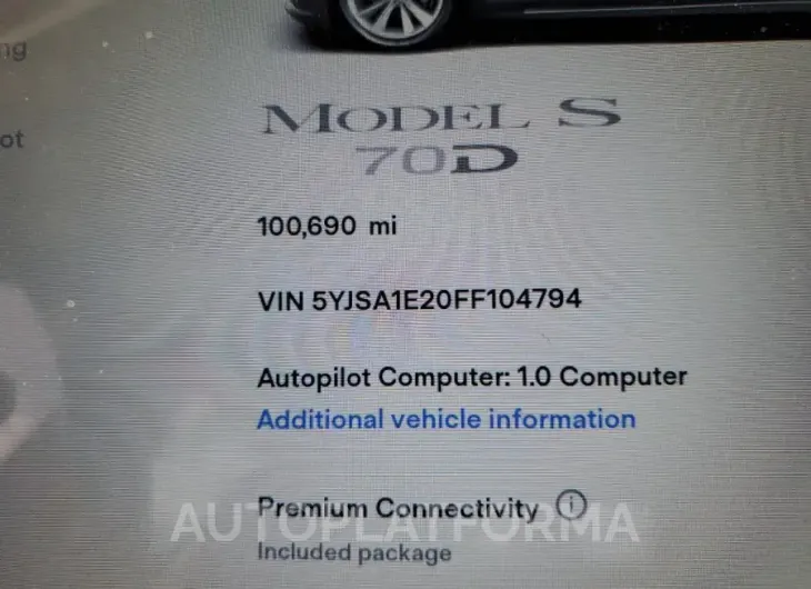 TESLA MODEL S 2015 vin 5YJSA1E20FF104794 from auto auction Copart