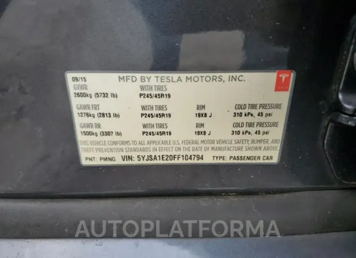 TESLA MODEL S 2015 vin 5YJSA1E20FF104794 from auto auction Copart