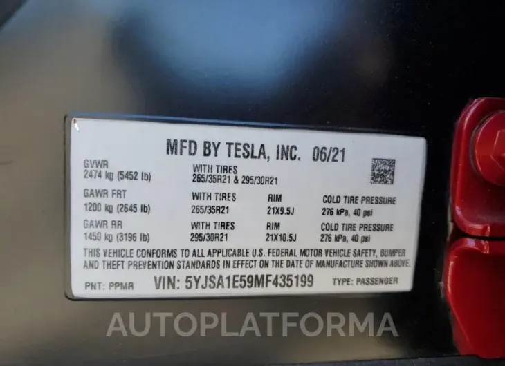 TESLA MODEL S 2021 vin 5YJSA1E59MF435199 from auto auction Copart