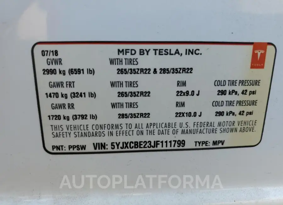 TESLA MODEL X 2018 vin 5YJXCBE23JF111799 from auto auction Copart