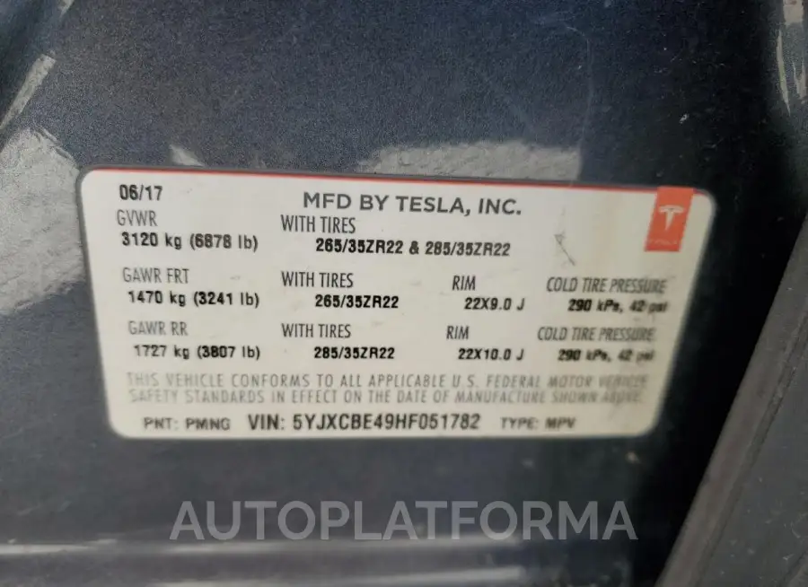 TESLA MODEL X 2017 vin 5YJXCBE49HF051782 from auto auction Copart