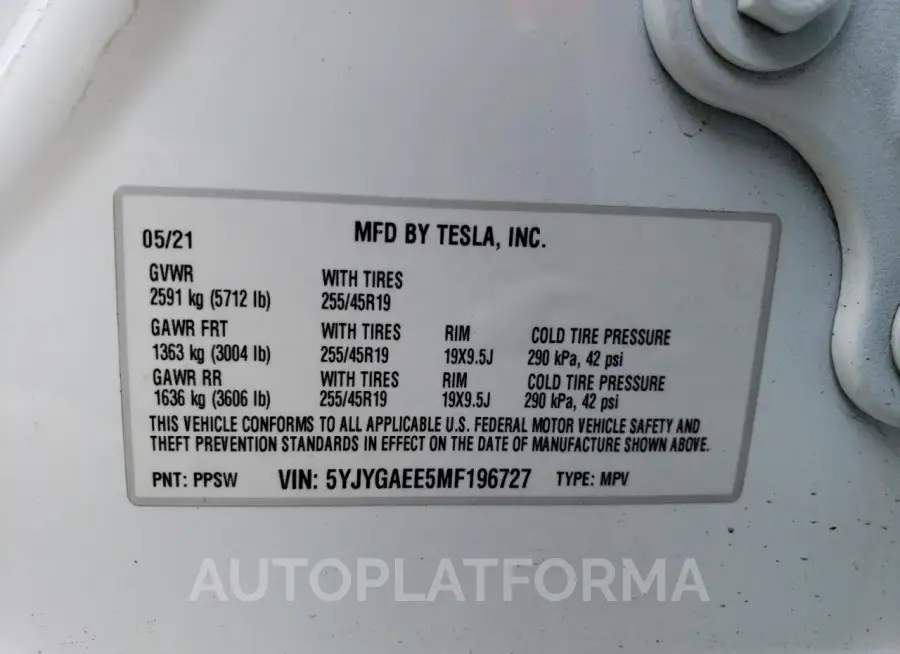 TESLA MODEL Y 2021 vin 5YJYGAEE5MF196727 from auto auction Copart