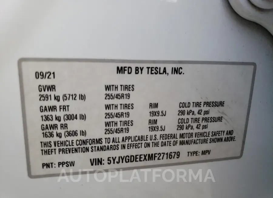 TESLA MODEL Y 2021 vin 5YJYGDEEXMF271679 from auto auction Copart