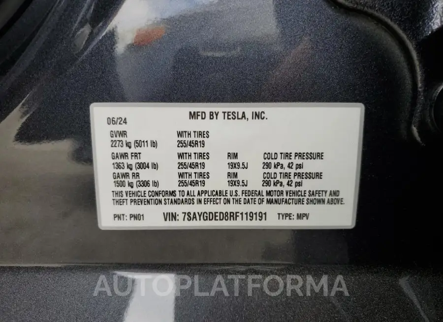 TESLA MODEL Y 2024 vin 7SAYGDED8RF119191 from auto auction Copart