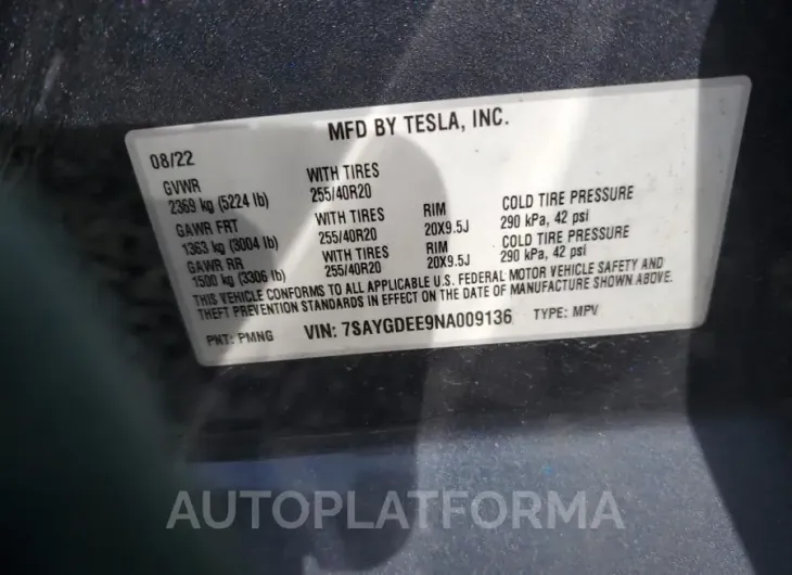 TESLA MODEL Y 2022 vin 7SAYGDEE9NA009136 from auto auction Copart