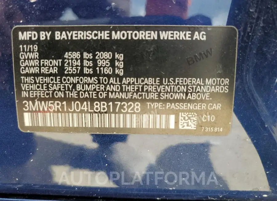 BMW 330I 2020 vin 3MW5R1J04L8B17328 from auto auction Copart