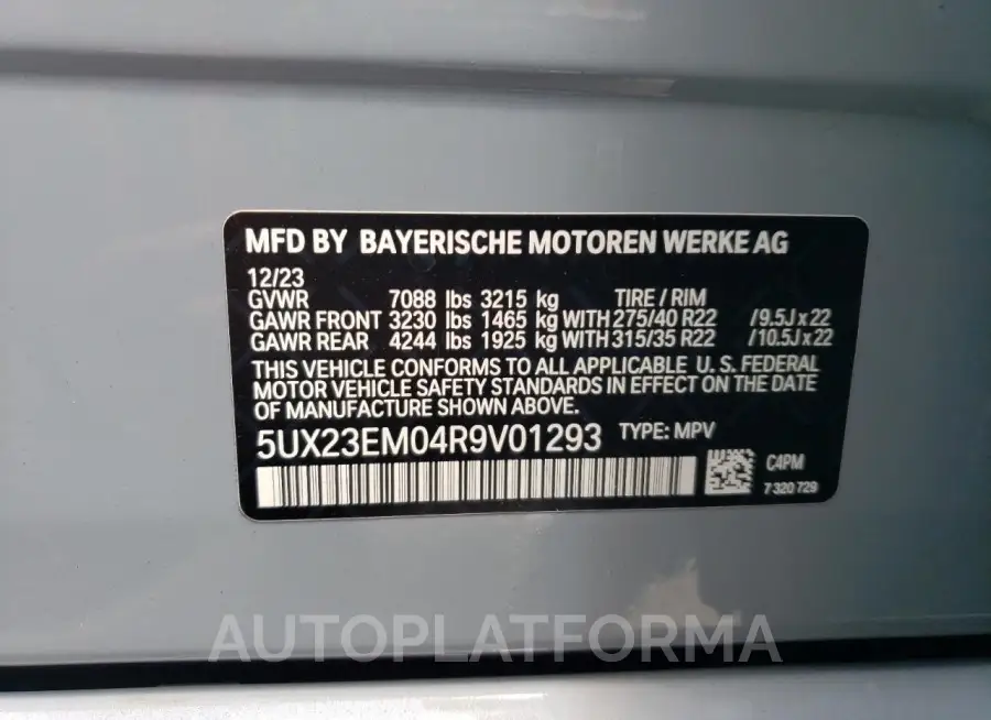 BMW X7 XDRIVE4 2024 vin 5UX23EM04R9V01293 from auto auction Copart